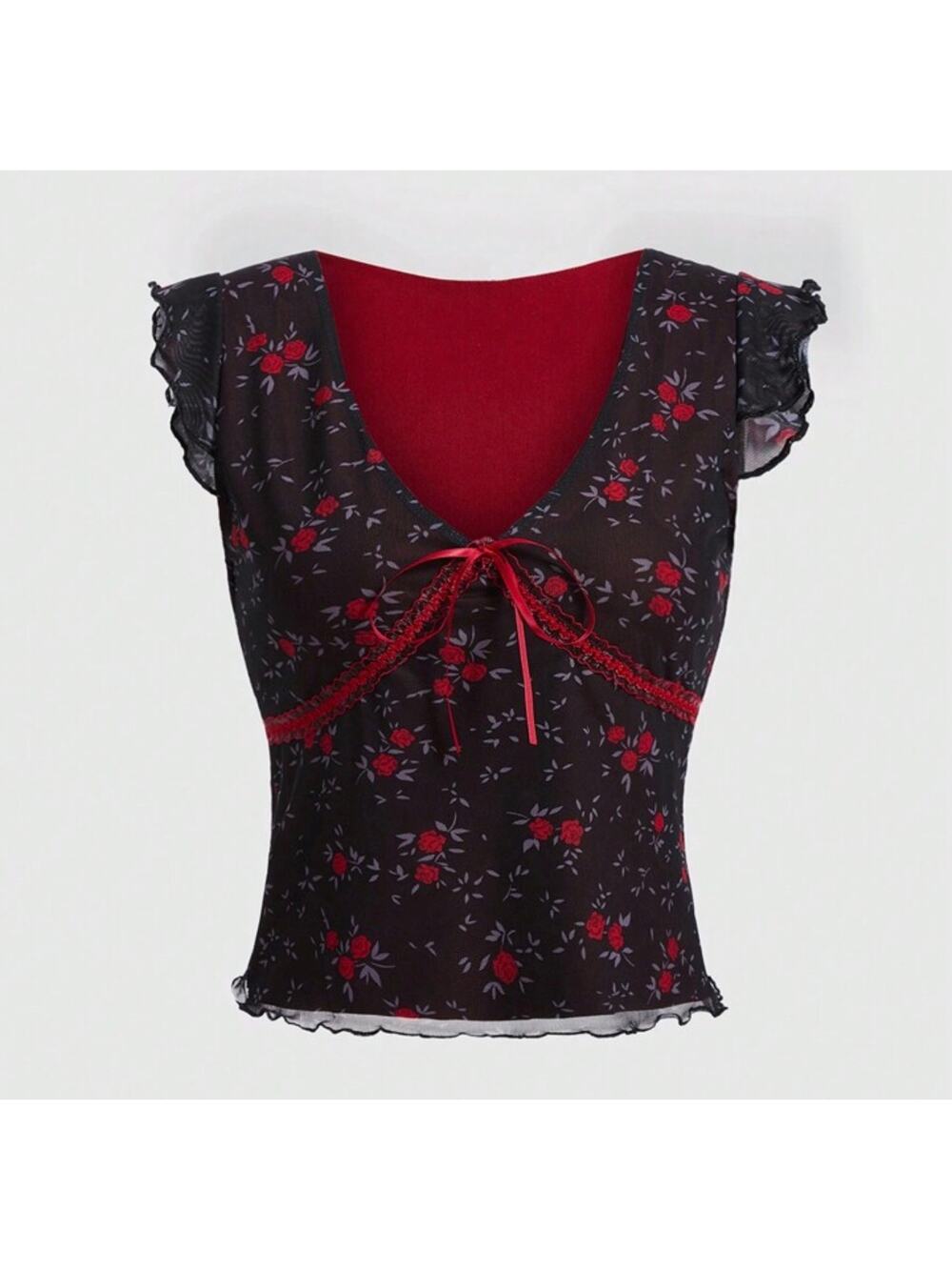 ROMWE Goth Ditsy Floral Print fairy grunge Bow Trim sheer Mesh whimsigoth Top XL - Picture 1 of 6